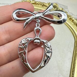 Vintage Silver Tone Heart and Ribbon Bow Brooch Pin